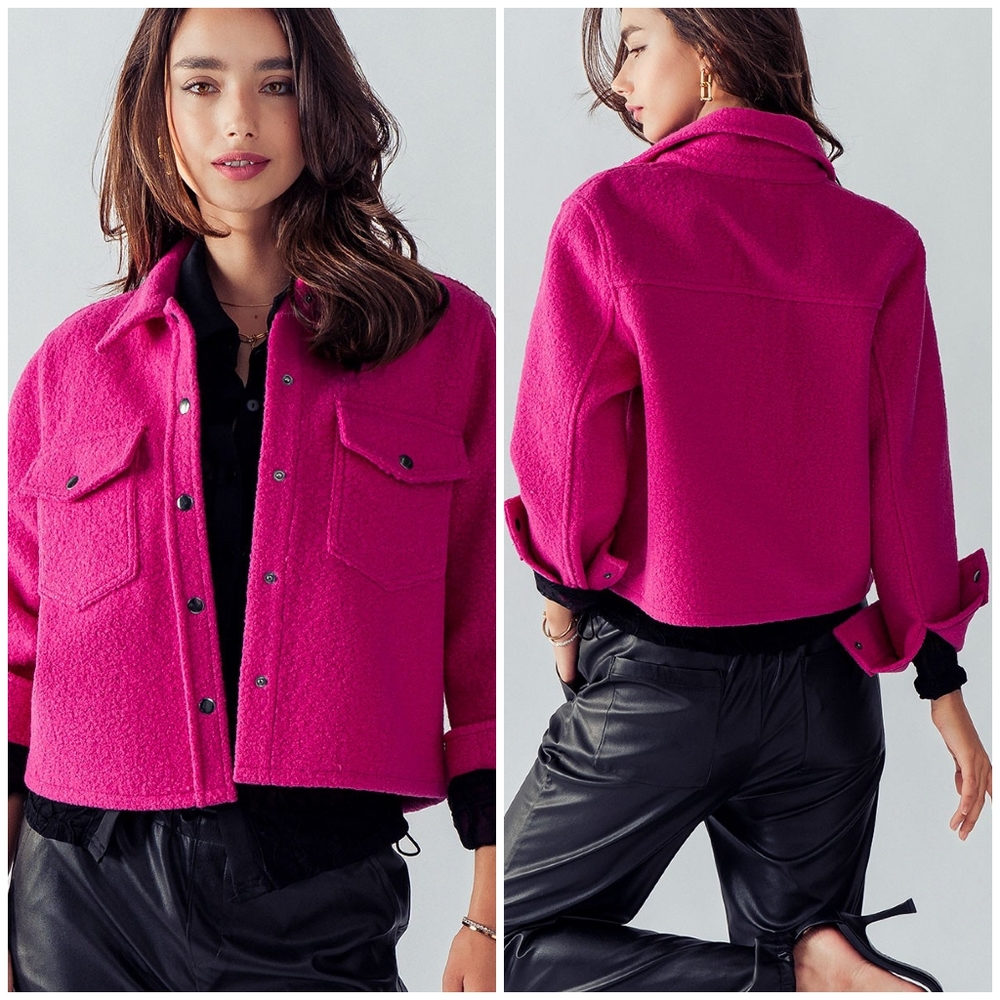 Magenta Curly Sherpa Cropped Shacket